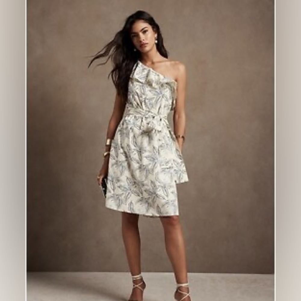 Banana Republic One Shoulder Ruffle Dress Arctic Ocean Cream XS NEW - Picture 3 of 11